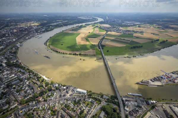 Aerial view, Krefeld-Uerdingen bridge, flood river Rhine, flooding Rhine floodplain Mündelheim,