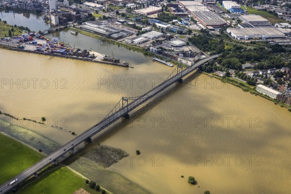 Aerial view, Krefeld-Uerdingen bridge, flood river Rhine, Ürdingen, Krefeld, Ruhr area, North