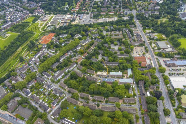 Aerial view, construction site and renovation of Vonovia houses in Rembrandtstraße, Hüttenheim,