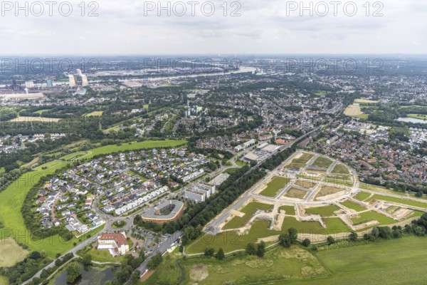 Aerial view, new development area Am Alten Angerbach, new housing estate Angerbogen, Düsseldorfer