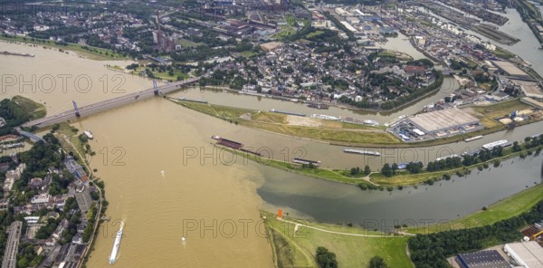 Aerial view, flood river Rhine, Ruhr estuary into the Rhine, Friedrich-Ebert-Bridge, Rhine orange