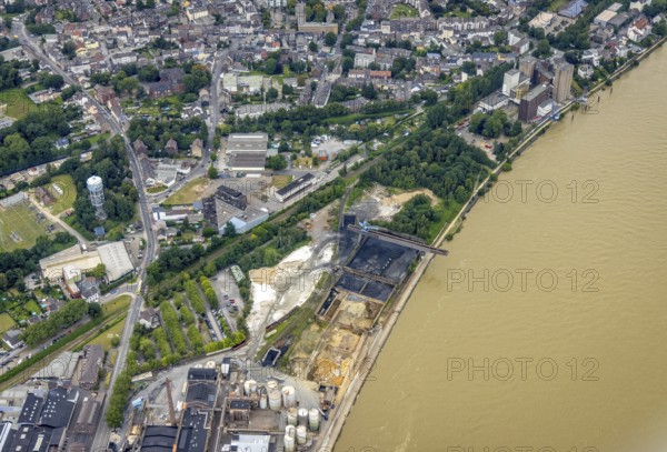 Aerial view, Rheinufer Essenberg, commercial area Duisburger Straße, coal storage on the river