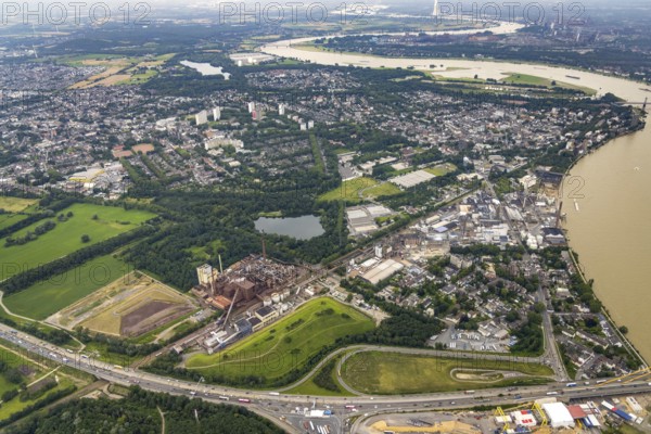 Aerial view, Rheinufer Essenberg, commercial area Duisburger Straße, coal storage on the river