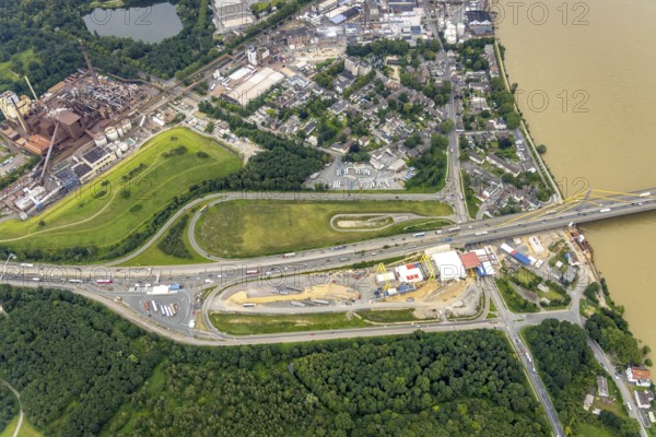 Aerial view, construction site motorway exit Duisburg-Homberg, motorway A40, Rhine bridge