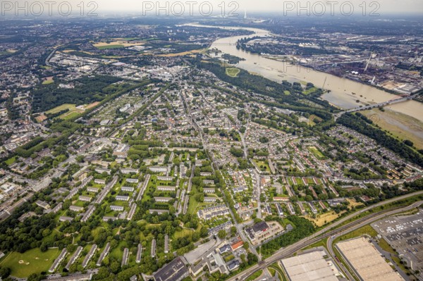 Aerial view, Rheinhausen and Hochemmerich district, floods and inundations Rheinwiesen Rheinhausen