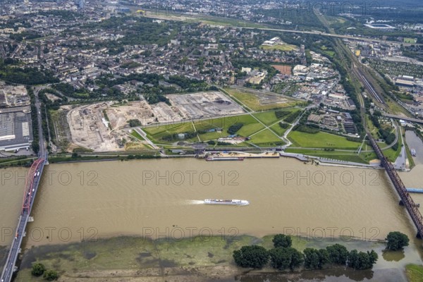 Aerial view, flood river Rhine, construction site new building quarter Rheinort, construction area