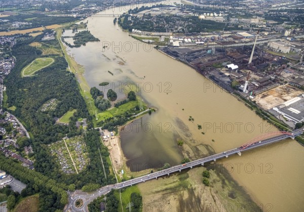 Aerial view, flood river Rhine, flooding of the Rhine meadows Rheinhausen, bridge of solidarity,