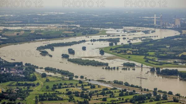 Aerial view, flood river Rhine, flooding floodplain Rhine Walsum, near STEAG power plant Voerde,