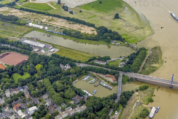 Aerial view, Rheinpreußenhafen, fire and rescue station 5 Homberg, lift bridge Dammstraße, Ruhrort,