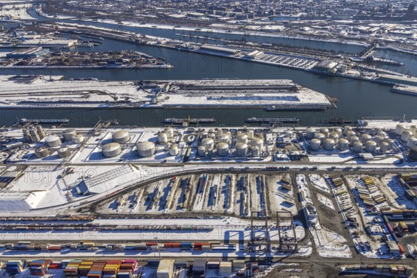 Aerial view, northern harbour, overview harbour Ruhrort, oil island, Ruhrort, Duisburg, Ruhr area,
