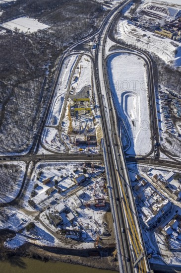 Aerial view, A40 Rhine bridge Neuenkamp, motorway exit Duisburg-Homberg, motorway A40, A40 weighing