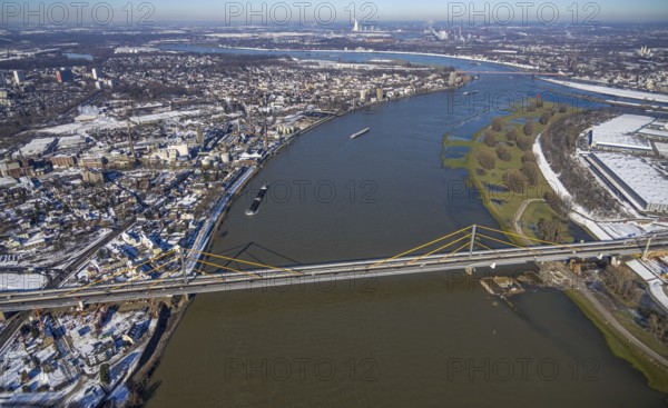 Aerial view, A40 Rhine bridge Neuenkamp, river Rhine, Homberg, Duisburg, Ruhr area, North