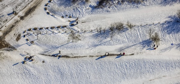 Aerial view, snow-covered Rhine meadows, Bergheim, Duisburg, Ruhr area, North Rhine-Westphalia,