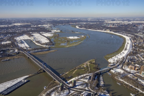 Aerial view, flooding river Rhine at the Friedrich-Ebert-Bridge, Ruhrort, Duisburg, Ruhr area,