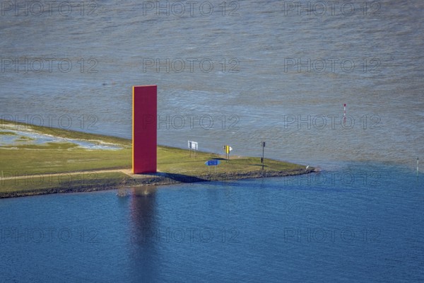 Aerial view, Sculpture Rhine orange, Sign in the landscape, Ruhr estuary into the Rhine, Ruhrort,