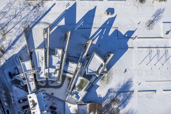 Aerial view, Jewish Community Duisburg-Mülheim-Oberhausen K.d.ö.R, shadow, book shape, open book,
