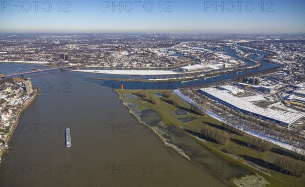 Aerial view, northern harbour, mouth of the Ruhr at the Mercatorinsel into the Rhine,