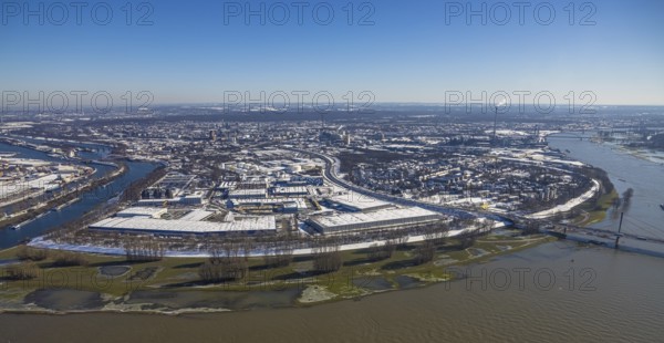 Aerial view, industrial estate Am Blumenkampshof, A40 Rhine bridge Neuenkamp, Alt-Homberg,