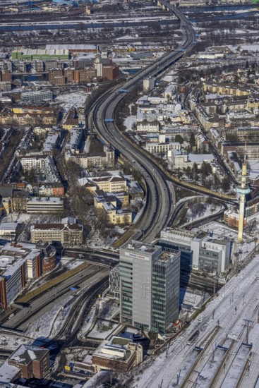 Aerial view, motorway A59, telecommunications tower, Dellviertel, Duisburg, Ruhr area, North