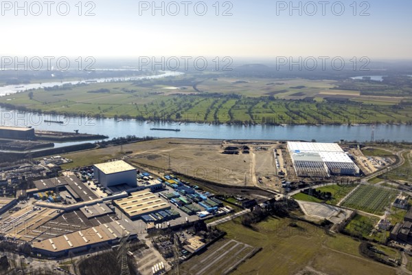 Aerial view, Logport 6, Duisport, near coal-fired power station Steak Walsum, Rhine, Alt-Walsum,