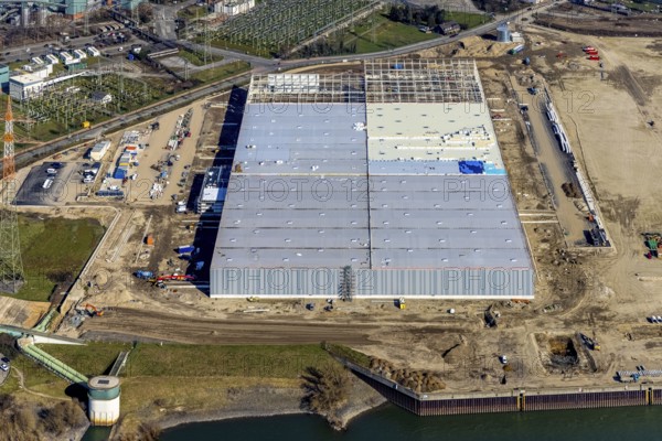 Aerial view, Logport 6, Duisport, near coal-fired power station Steak Walsum, Rhine, Alt-Walsum,