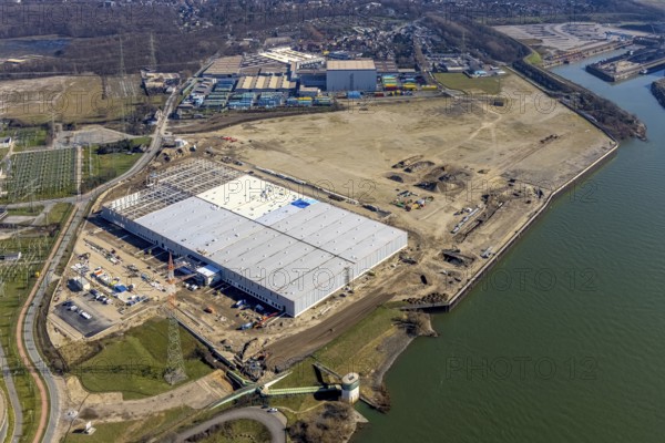 Aerial view, Logport 6, Duisport, near coal-fired power station Steak Walsum, Rhine, Alt-Walsum,