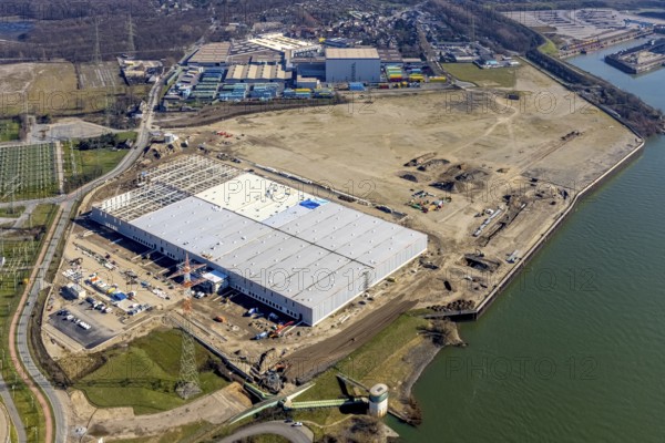 Aerial view, Logport 6, Duisport, near coal-fired power station Steak Walsum, Rhine, Alt-Walsum,