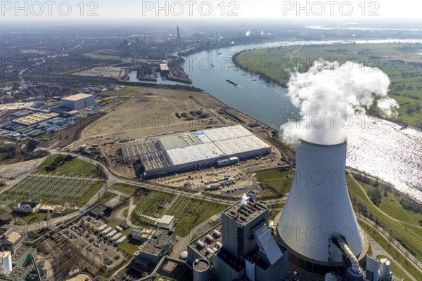 Aerial view, Logport 6, Duisport, near coal-fired power station Steak Walsum, Rhine, Alt-Walsum,