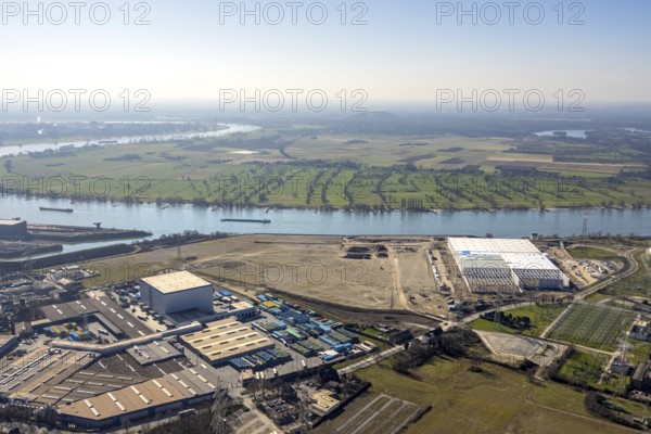 Aerial view, Logport 6, Duisport, near coal-fired power station Steak Walsum, Rhine, Alt-Walsum,