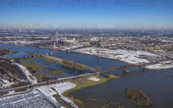 Aerial view, Rheinhausen bridge tower with Hochfeld railway bridge, Rhine river, demolition of wire