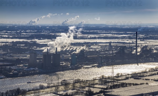 Aerial view, Hüttenwerke Krupp Mannesmann and Huckingen power station backlit, river Rhine,