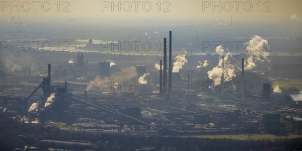 Aerial view, thyssenkrupp Steel Europe backlit, Marxloh, Duisburg, Ruhr area, North