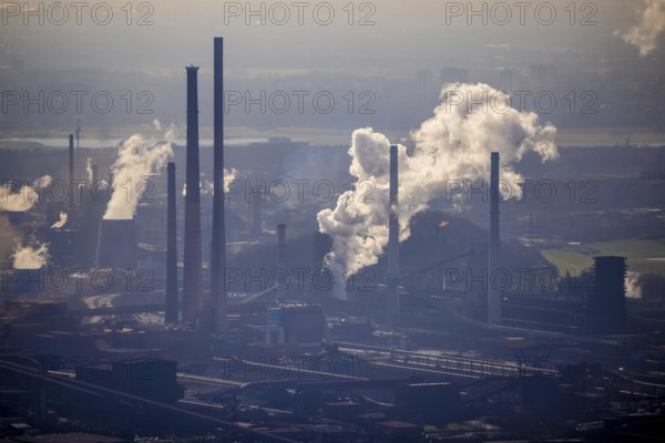 Aerial view, thyssenkrupp Steel Europe backlit, Marxloh, Duisburg, Ruhr area, North