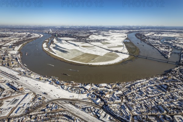 Aerial view, river Rhine, Rheinaue Ehingen with view of Mündelheim, Krefeld-Uerdingen bridge,