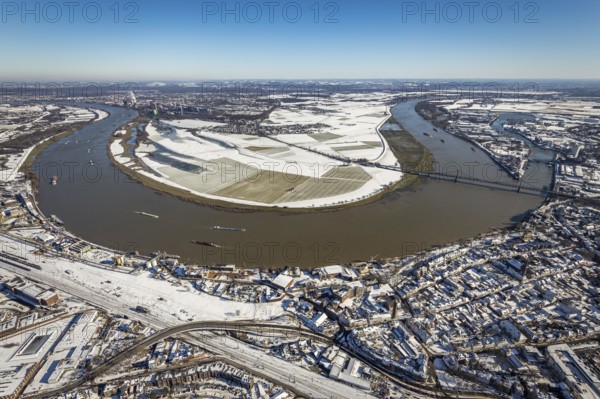 Aerial view, river Rhine, Rheinaue Ehingen with view of Mündelheim, Krefeld-Uerdingen bridge,