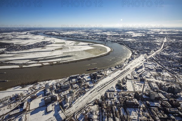 Aerial view, river Rhine, Rheinaue Ehingen with view of Mündelheim, Krefeld-Uerdingen bridge,