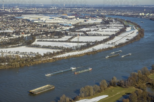 Aerial view, The Rhine with cargo ships at the Krupp Mannesmann smelting works, with a view of the