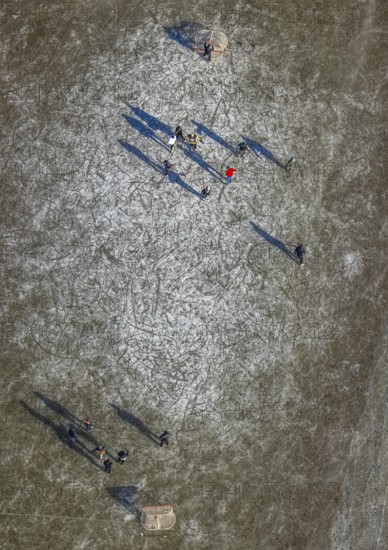 Aerial view, frozen Rhine meadow Ehingen, ice hockey players, Mündelheim, Duisburg, Ruhr area,