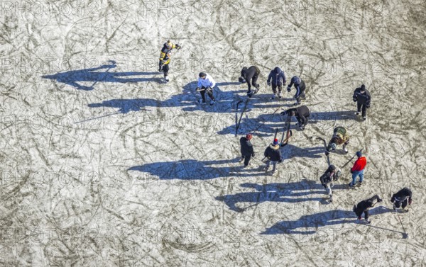 Aerial view, frozen Rhine meadow Ehingen, ice hockey players, Mündelheim, Duisburg, Ruhr area,