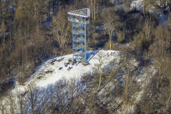 Aerial view, Sechs-Seen-Platte, sledging at the Haubachwald observation tower, Wedau, Duisburg,