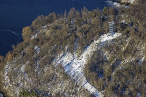 Aerial view, Sechs-Seen-Platte, sledging at the Haubachwald observation tower, Wedau, Duisburg,