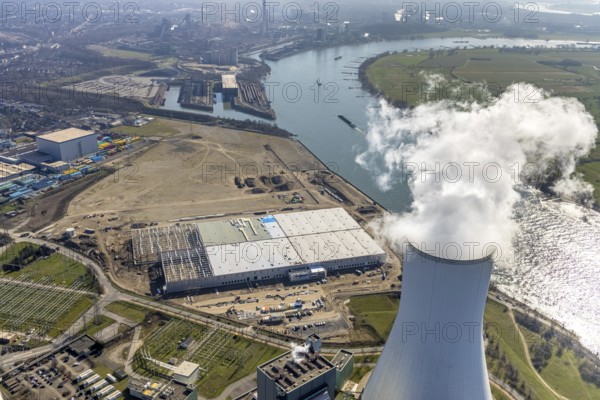 Aerial view, Logport 6, Duisport, near coal-fired power station Steak Walsum, Rhine, Alt-Walsum,