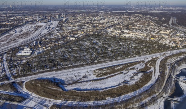Aerial view, local view cemetery Sternbuschweg and with main station in the background, Neudorf,