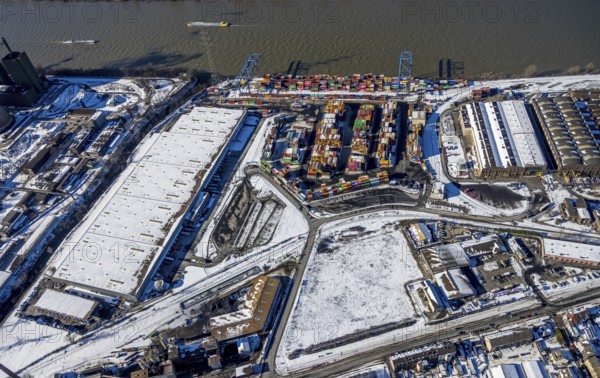 Aerial view, Logport II, warehouse and goods handling, river Rhine, Wanheim-Angerhausen, Duisburg,