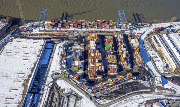Aerial view, Logport II, warehouse and goods handling, river Rhine, Wanheim-Angerhausen, Duisburg,