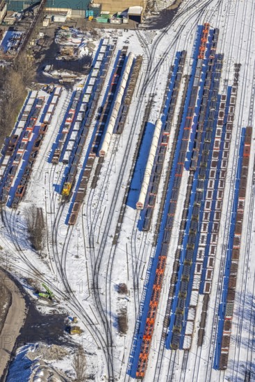 Aerial view, thyssenkrupp steel railway tracks, goods trains, Hüttenheim, Duisburg, Ruhr area,