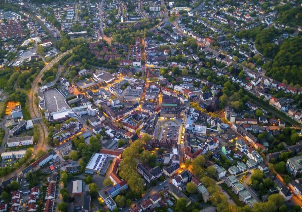 Aerial view, city centre and old town market with catholic church St. Lambertus, Castrop-Rauxel,