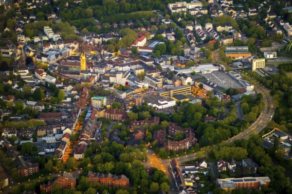 Aerial view, city centre and old town market with catholic church St. Lambertus, Castroperholz,