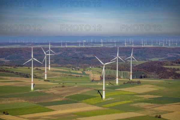 Aerial view, distant view and wind farm in Brilon, Sauerland, North Rhine-Westphalia, Germany,