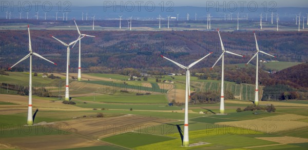 Aerial view, distant view and wind farm in Brilon, Sauerland, North Rhine-Westphalia, Germany,
